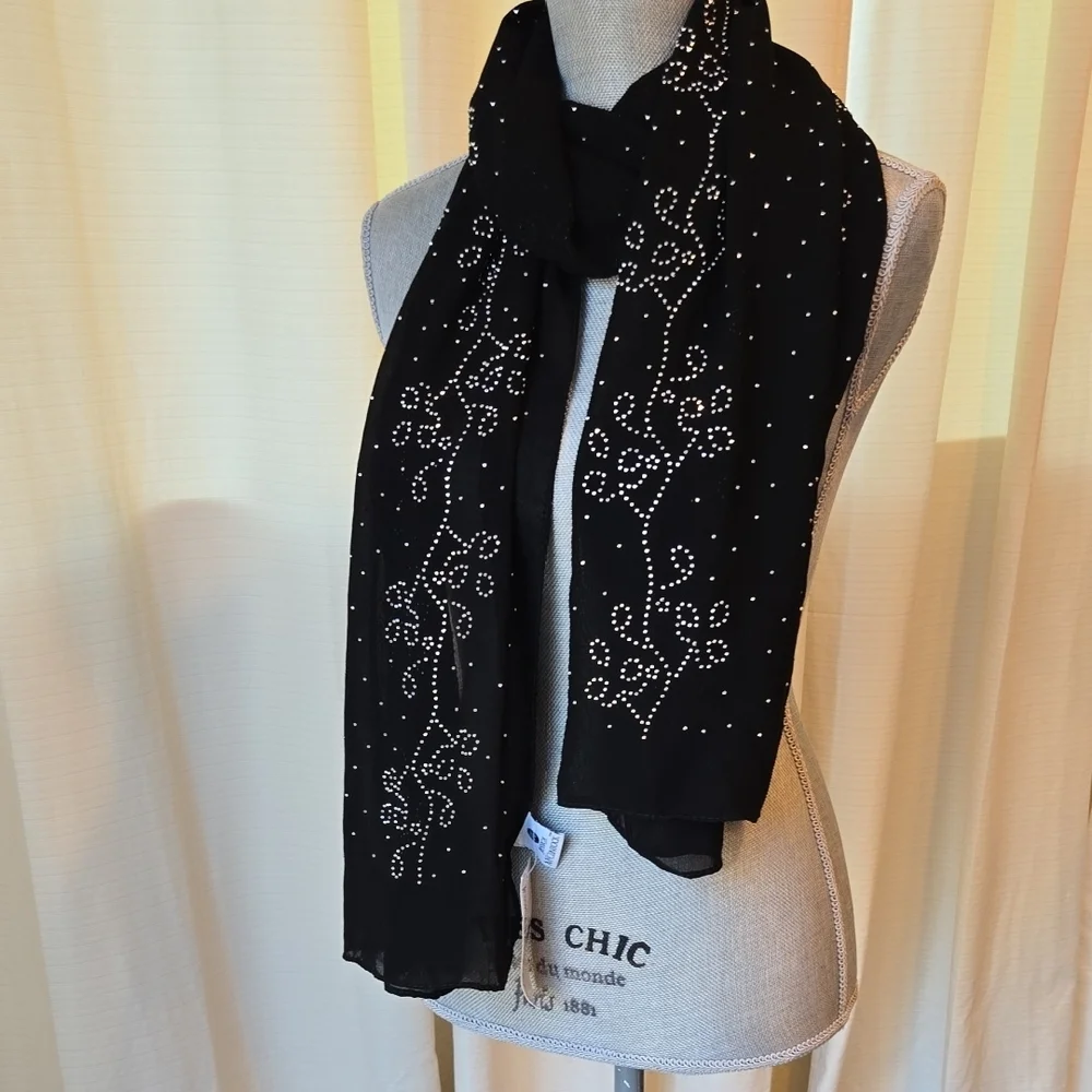 Jessica McClintock Shear Sparkly Black Wrap / Scarf with Embellishments